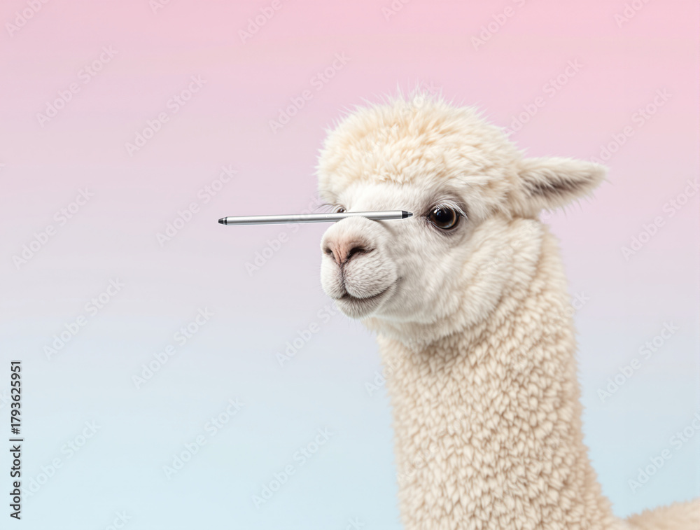 Obraz premium Alpaca balancing a stylus pen on its face against a soft pastel gradient background