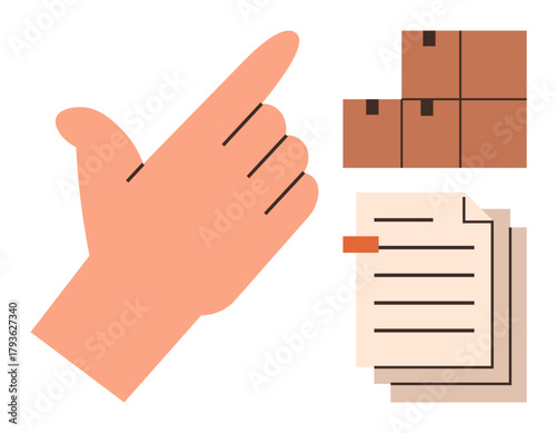 Hand gesture indicating selection, with stacked packages and documents. Ideal for logistics, organization, inventory, delivery, decision-making, task management productivity. Simple flat metaphor