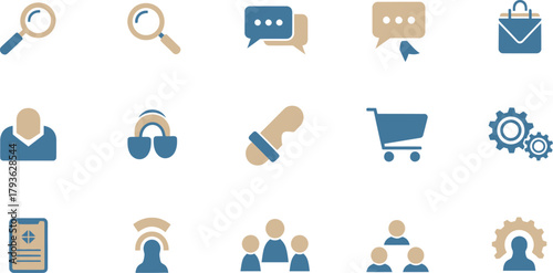 Set of 10 Icons for Business and Technology Search, Chat, Shopping, User, Settings, Communication, Teamwork