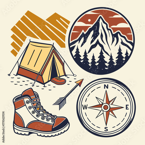 Vintage Outdoor Adventure and Camping Gear Vector Set