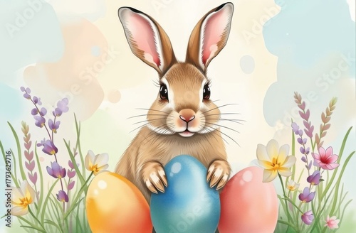 Happy Easter concept with colorful eggs and bunny among flowers in spring time
