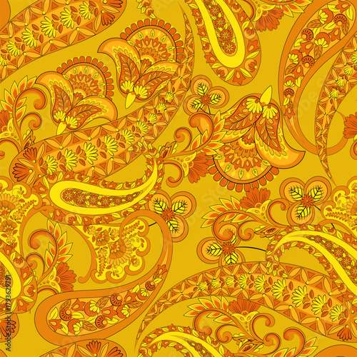 Floral seamless pattern with paisley ornament. Vector illustration in asian textile style