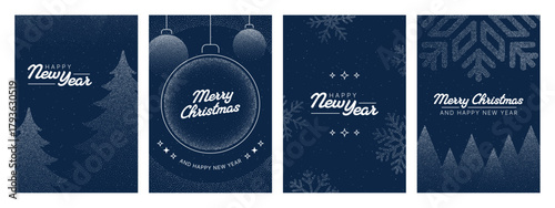 Set of four winter holiday greeting card with happy new year, merry Christmas text and decorative elements for festive design.