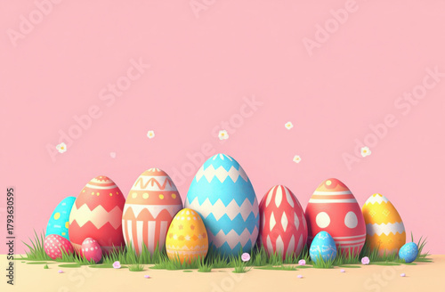 Colorful Easter eggs in green grass with pink background. Copy space for text