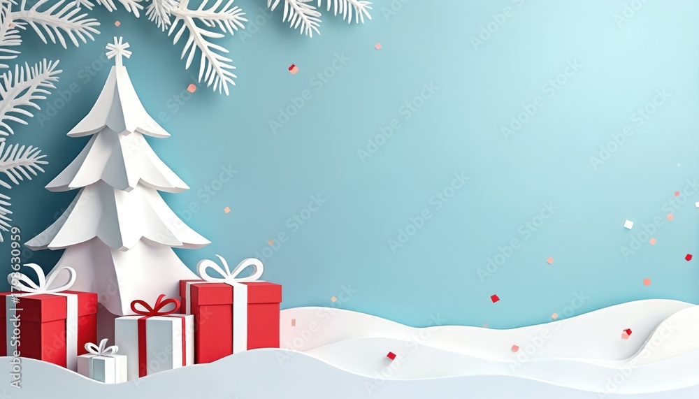 Obraz premium Paper cutout christmas tree and gifts sit in snow. White fir branches frame the winter scene. Light blue background with confetti offers copy space for holiday messages and designs.