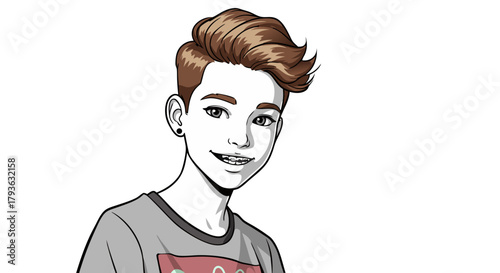 Teen boy with dental braces. Cartoon isolated boy smiling with stylish hairstyle and dental braces on white background  