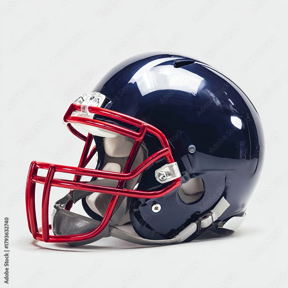 Fototapeta premium An American football helmet that is modern and reflective, with a shiny blue shell and a silver mask, on a white background. Professional product photography and studio lighting.