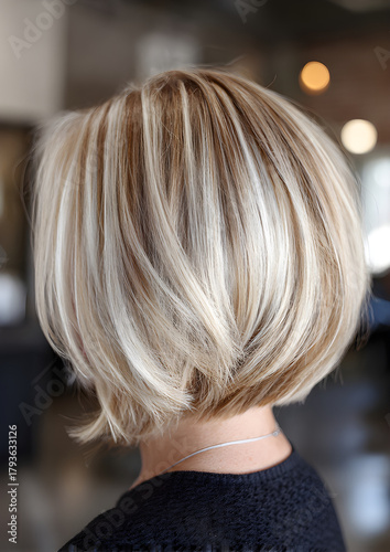 Ultra-detailed close-up portrait of a woman in a salon with a layered bob. Platinum cream base and chunky almond brunette highlights