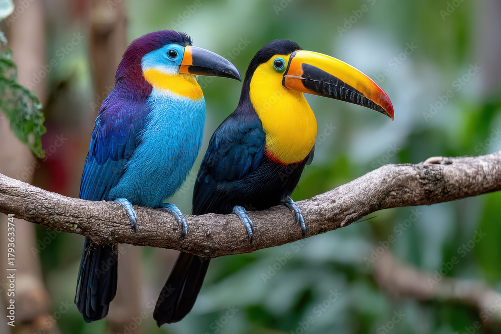 Naklejka premium Two Colorful Toucans Perched on a Branch