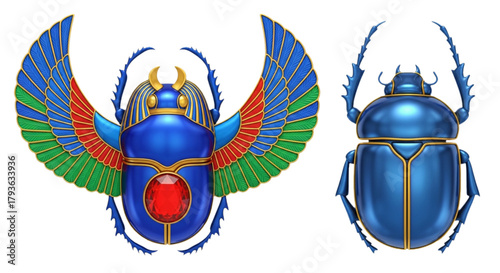 Egyptian winged and plain blue scarab beetle illustrations isolated on transparent background
