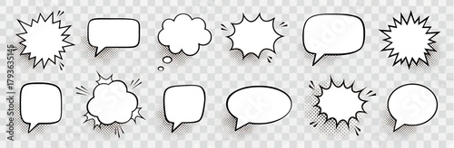 Retro empty comic speech bubbles set with black halftone shadows. Vintage design, pop art style - stock vector