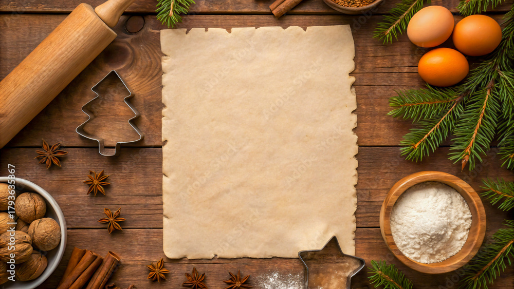 Fototapeta premium Crafting Christmas memories baking holiday cookies, write your heartwarming recipe on this rustic parchment background for family fun