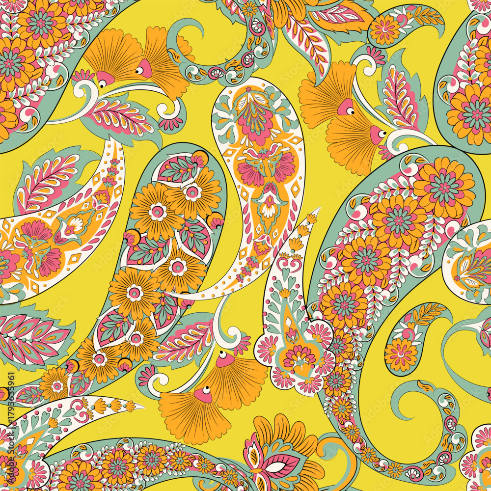 Fototapeta premium Floral seamless pattern with paisley ornament. Vector illustration in asian textile style