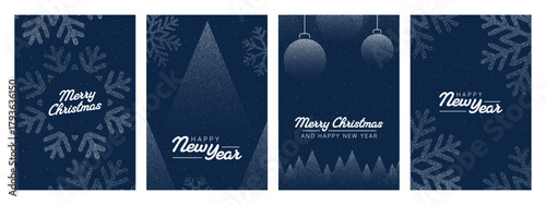 Set of Merry Christmas and Happy New Year vertical banners. Winter seasonal greeting card design with snowflake, tree, ornament, snowfall.