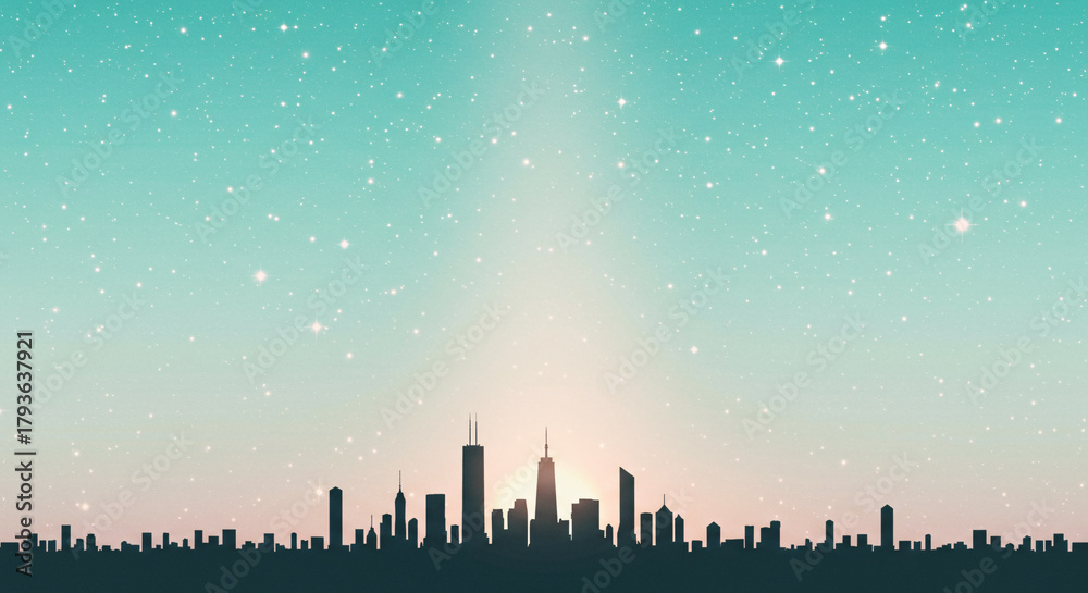 Fototapeta premium Minimalist City Skyline Under Pastel Starry Sky