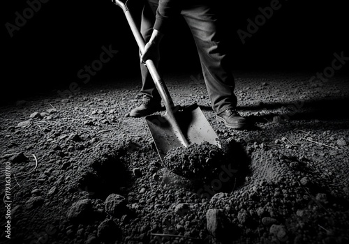 Monochrome Image of a Person Digging with a Shovel.
