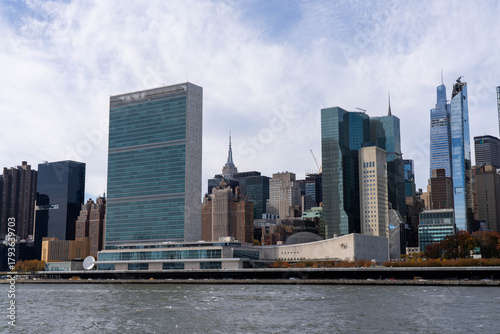 United Nations Secretariat Building in Midtown Manhattan Seen from Roosevelt Island