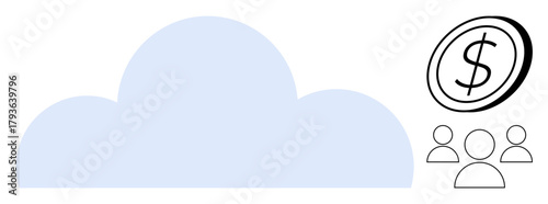 Cloud graphic with dollar coin and group of users conveying finance, teamwork, and digital solutions. Ideal for business, technology, cloud storage, collaboration, financial growth, SaaS innovation