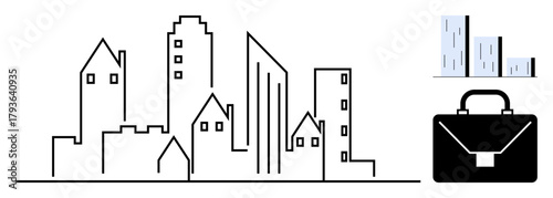 Outline of city buildings, skyscrapers, and a business briefcase symbolizing urbanization, economy, growth, and business opportunities. Ideal for corporate concepts, real estate, urban planning