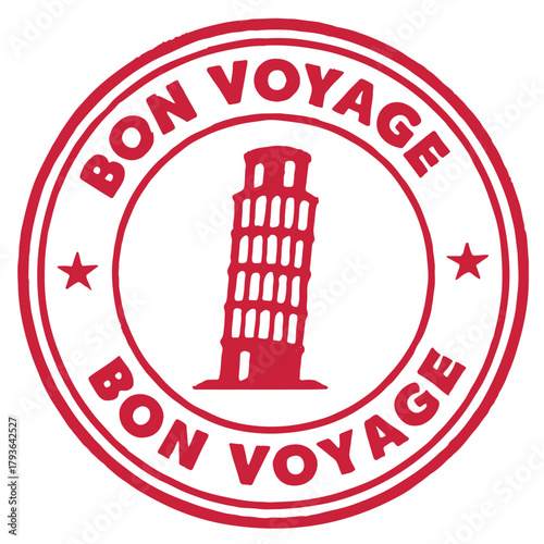 Travel rubber stamp featuring the Leaning Tower of Pisa inviting adventure and exploration for all travelers