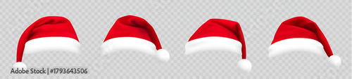 Realistic set of red santa hats. New Year red hat. - stock vector