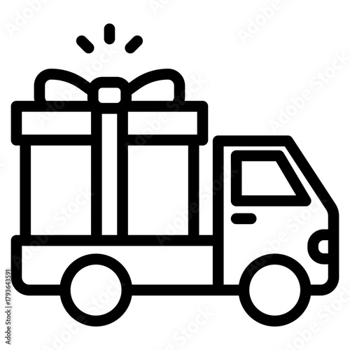 Fast delivery truck with gift box icon. Express shipping van for e-commerce, online shopping. Logistic service symbol. Present, surprise package transport.