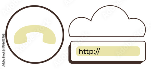 Phone icon inside a circle and a cloud with an address bar emphasize communication, hosting, connectivity. Ideal for cloud service, telecommunication, technology, networking, digital systems