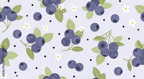 Illustration of seamless pattern of blueberries with leaves and flowers on a light background