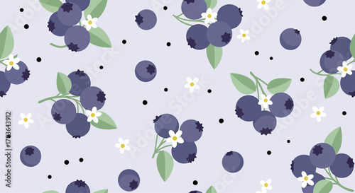 Illustration of seamless pattern of blueberries with leaves and flowers on a light background