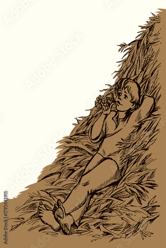Vector drawing. Boy resting on a hay