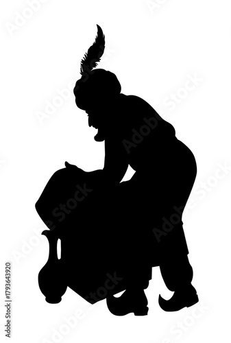 Vector drawing. Man sells a fabric on ancient market