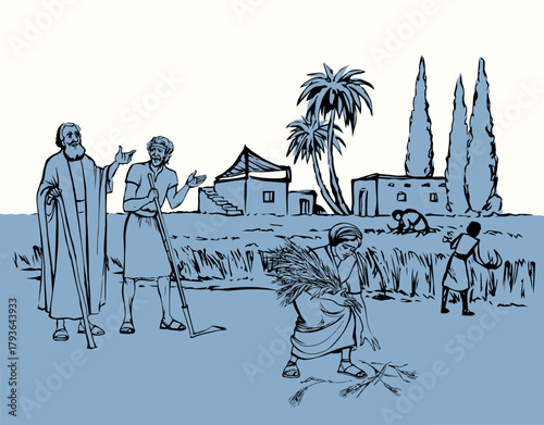 Vector drawing. Ruth and Boaz in the field