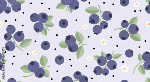 Illustration of seamless pattern of blueberries with leaves and flowers on a light background