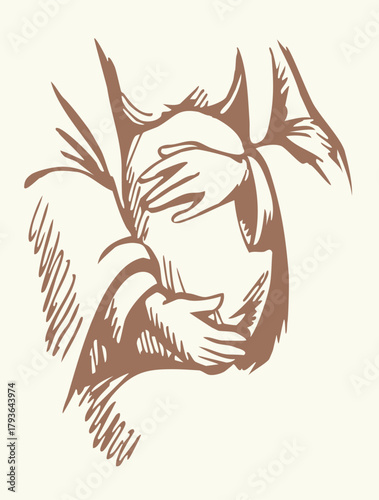 Hands hold pregnant belly. Vector drawing