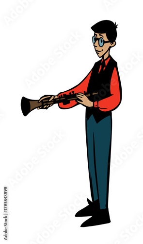 Vector illustration of a boy playing the clarinet.