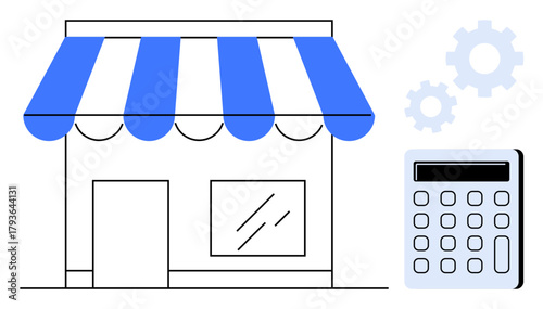 Shop with striped awning, a window, calculator, and gears illustrating finance, budgeting, profit analysis, business strategy, accounting retail management and economic planning. Minimal flat
