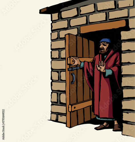 Vector drawing. Man at the door