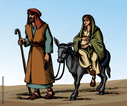 Vector drawing. Mary ride on the donkey