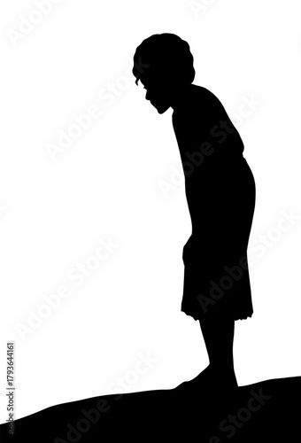 Vector illustration. Boy bowing to look at stones