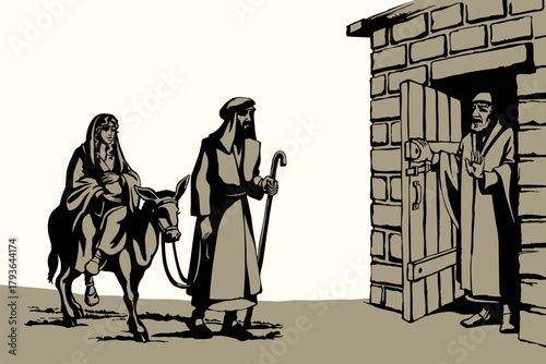 Vector drawing. Man at the door meet Mary and Joseph