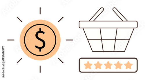 Dollar sign in circle indicating financial concept, shopping basket symbolizing retail, and star rating for quality assessment. Ideal for business, ecommerce, investment, feedback, quality, retail