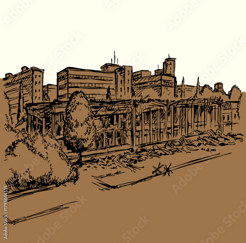 Vector illustration of a building destroyed by an explosion.