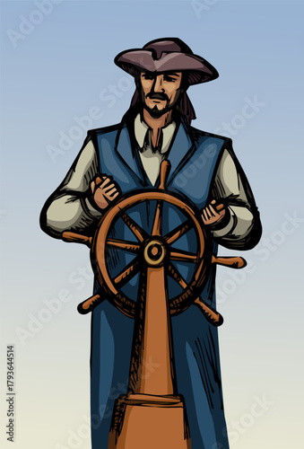 Vector drawing. The captain at the helm