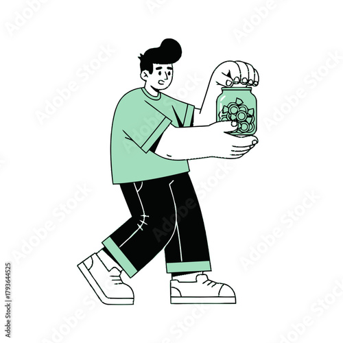 Illustration of a man carrying his savings in a jar. Personal finance, investment, and money management concept. Minimalist flat character design isolated on white