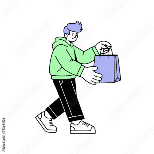 A young man offering a gift bag. Modern flat line art illustration of a character shopping. Vector graphic isolated on white background