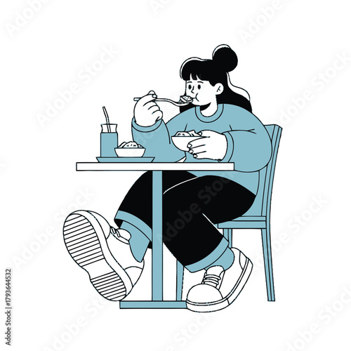 Woman eating a meal at a cafe table. Modern line art illustration of a character having lunch. Vector graphic isolated on a white background.