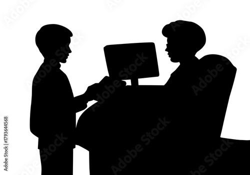 Vector drawing. Young boy and woman receptionist