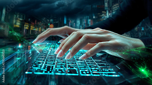 Digitale Zukunft: Hände tippen auf einer futuristischen, grün beleuchteten Tastatur vor der Kulisse einer neonbeleuchteten Cyberpunk-Stadt. Ideal für Themen wie Technologie, Hacking, KI, Programmierun