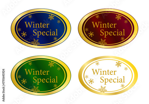 冬季限定を示す Winter Special の楕円ラベル4色バリエーション（ベクター）