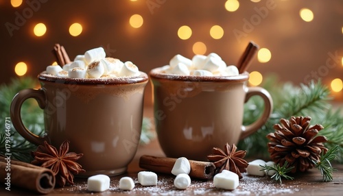 Wallpaper Mural Two mugs filled with hot chocolate, marshmallows, cinnamon sticks sit on wood table. Festive holiday winter scene with decorations like stars, pinecone, fir branches with bokeh lights. Sweet treat Torontodigital.ca
